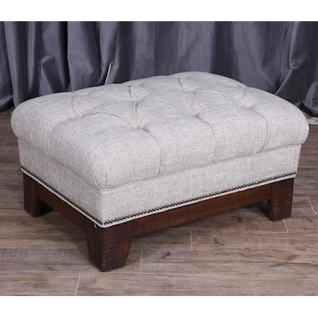 Transitional Button-Tufted Ottoman with Exposed Wood and Nailhead Trim